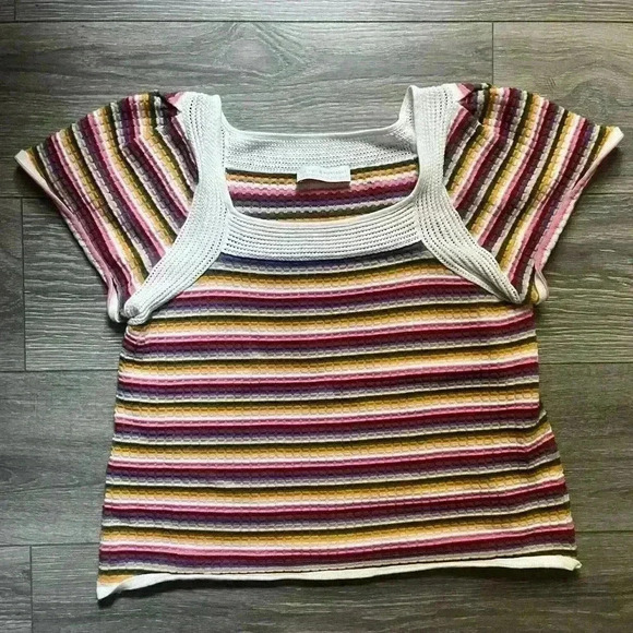Maison Montagut Sweaters - Maison Montagut Balloon Short Sleeve Striped Sweater with Crochet Detail Size M